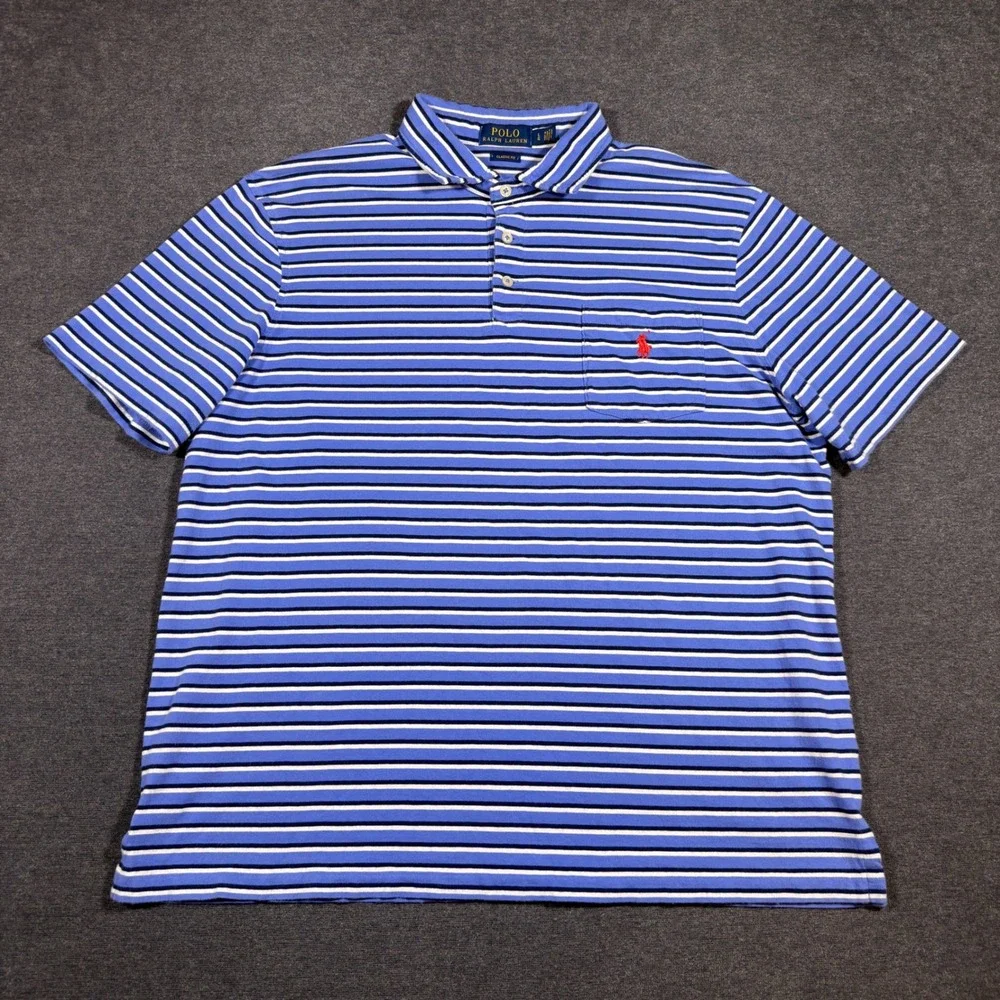 Polo Ralph Lauren Polo Shirt Mens Large Blue Striped Classic Fit Pocket SS